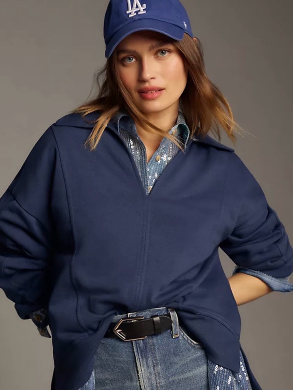 Pilcro by Anthropologie Johnny collar Navy Pullover oversized medium